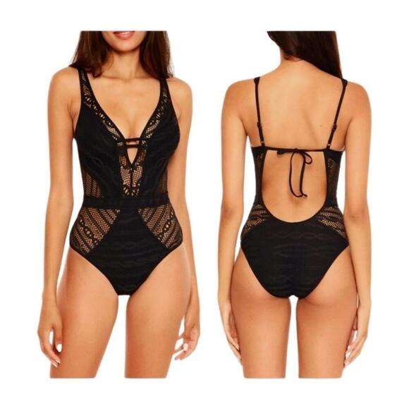 Becca by Rebecca Virtue Crochet Plunge One-Piece Swimsuit, swim wear size S - Picture 2 of 11